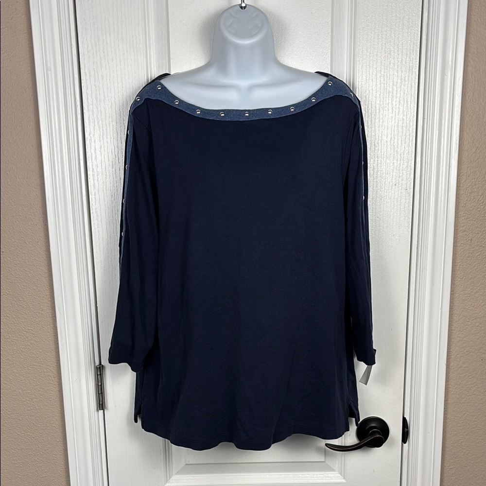 Karen Scott Women's Navy Blue 3/4 Sleeve Boat Neck Embellished Top Size XL